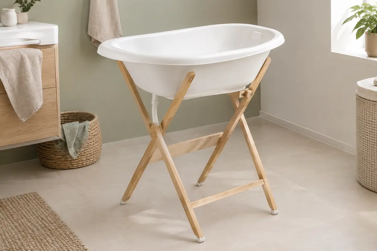 Baignoire bébé blanche Vasco sur pied pliable en bois, avec son tuyau de vidange visible