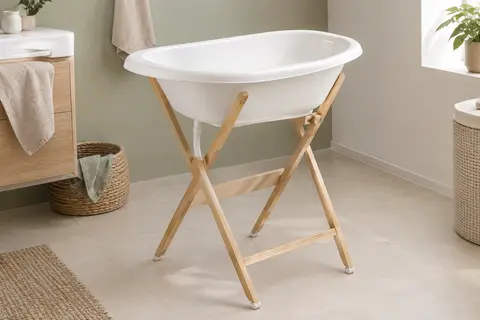 Baignoire bébé blanche Vasco sur pied pliable en bois, avec son tuyau de vidange visible