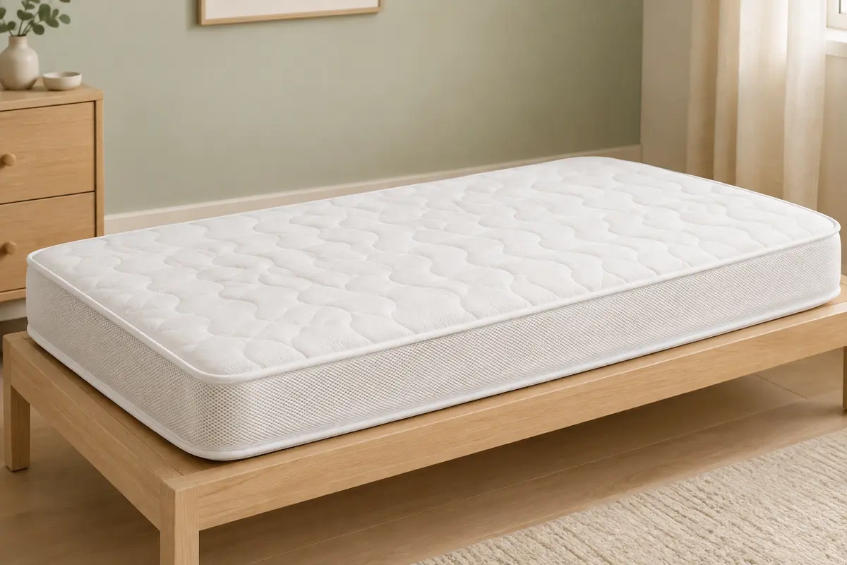 Matelas bébé Tinéo blanc à deux faces, avec dessus matelassé et maille aérée, posé dans une chambre claire.