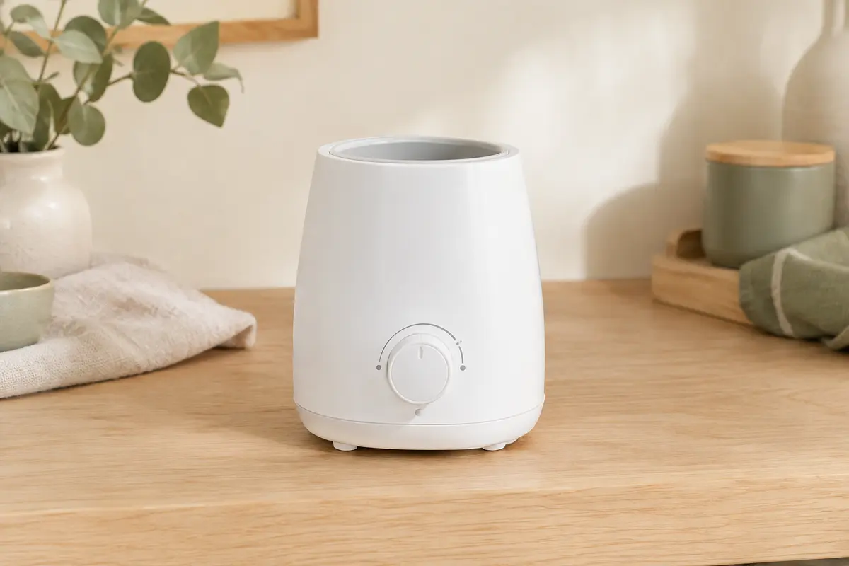 Chauffe-biberon électrique blanc Tommee Tippee avec commande à molette, posé sur un plan de travail en bois clair.
