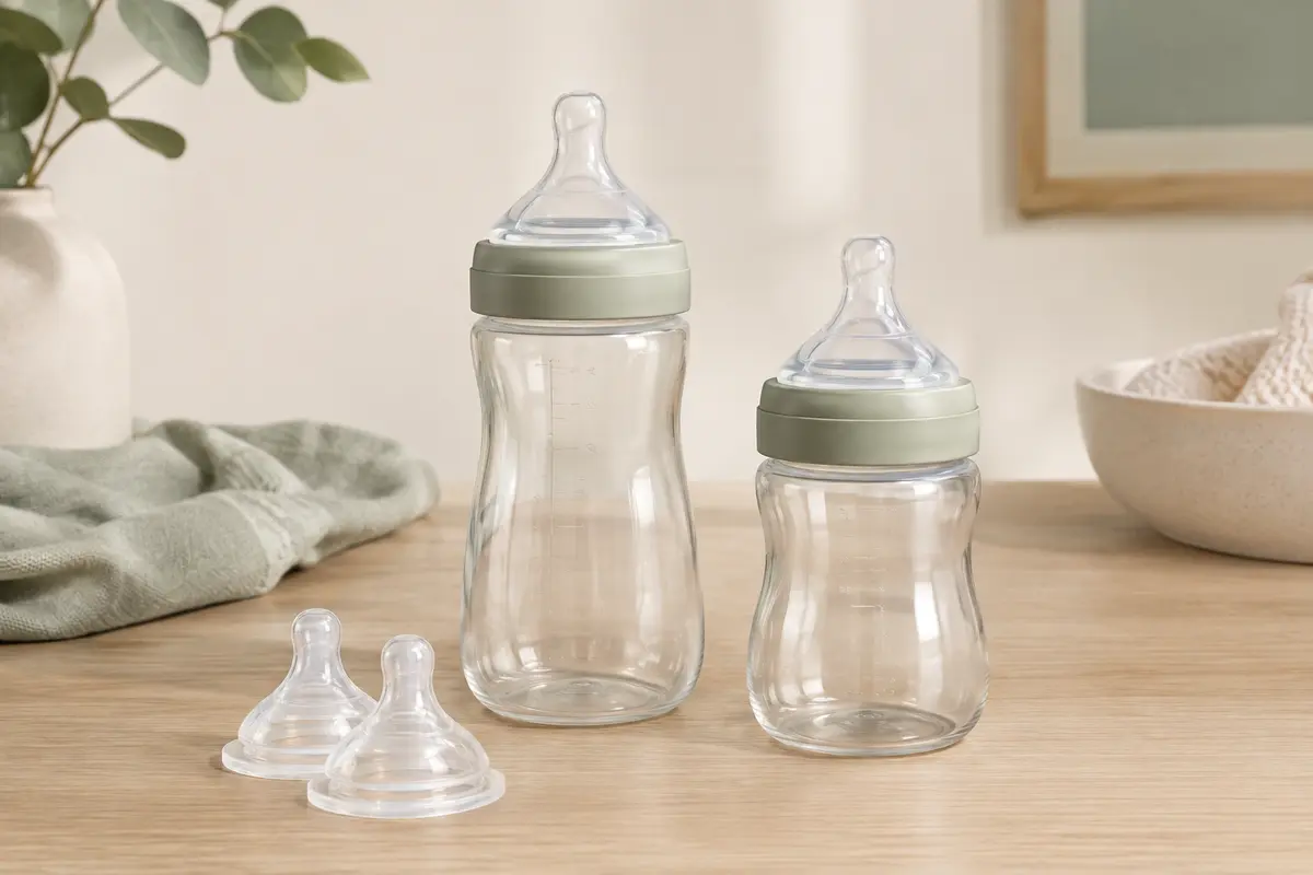 Kit de biberons transparents Natural Start avec tétines en silicone, posé sur une surface en bois clair