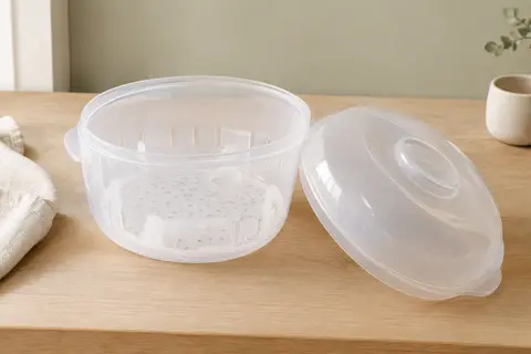 Stérilisateur micro-ondes transparent Tommee Tippee posé sur un plan en bois clair
