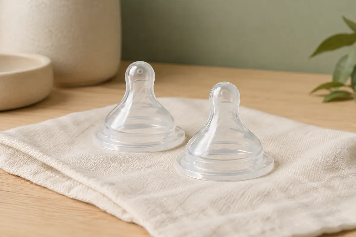 Deux tétines transparentes en silicone souple à débit rapide posées sur un linge ivoire.
