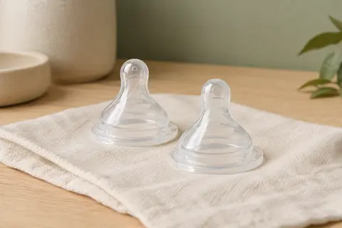 Deux tétines transparentes en silicone souple à débit rapide posées sur un linge ivoire.