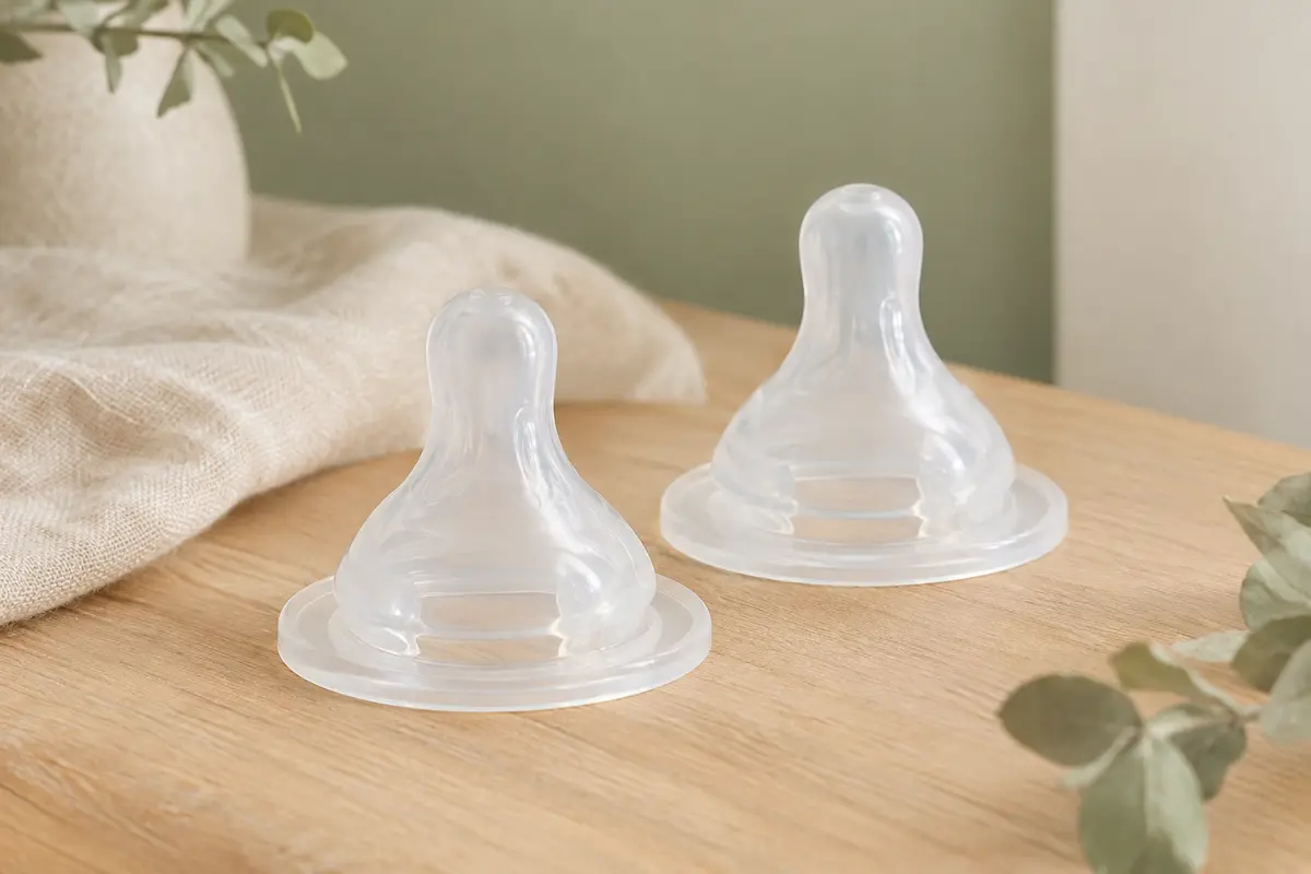 Deux tétines de biberon en silicone clair à débit rapide, posées sur un fond ivoire et sauge.