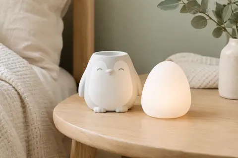 Veilleuse blanche en forme de pingouin avec son œuf lumineux en silicone amovible