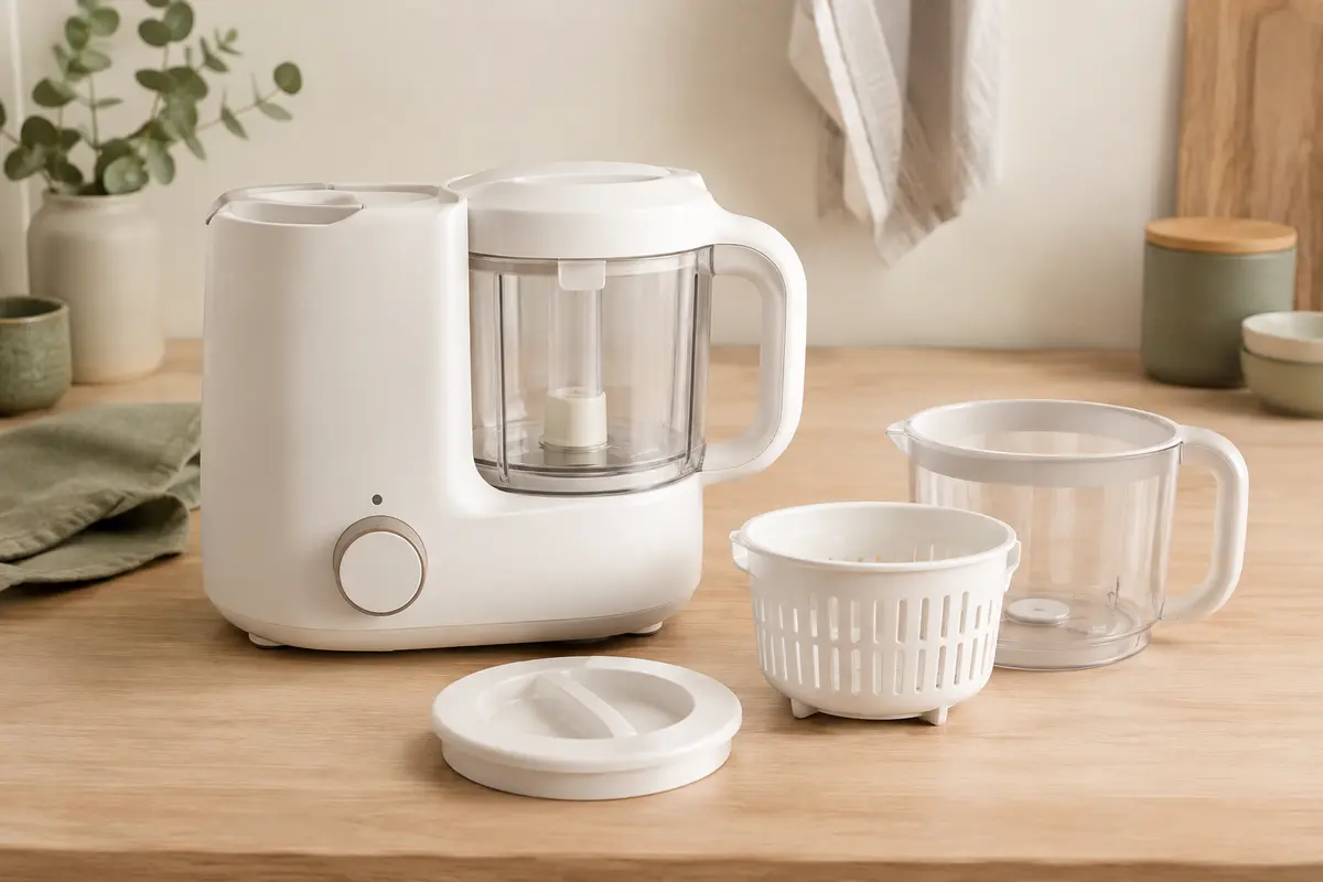 Robot cuiseur-mixeur blanc avec bol, couvercle et panier vapeur posé sur un plan de cuisine clair.