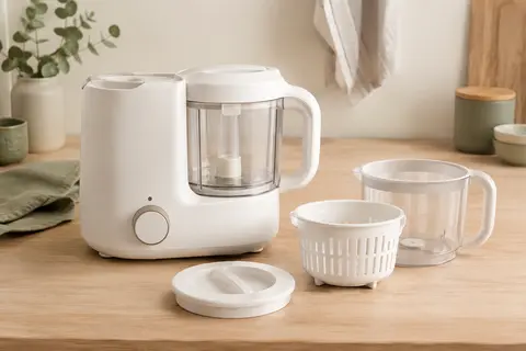 Robot cuiseur-mixeur blanc avec bol, couvercle et panier vapeur posé sur un plan de cuisine clair.