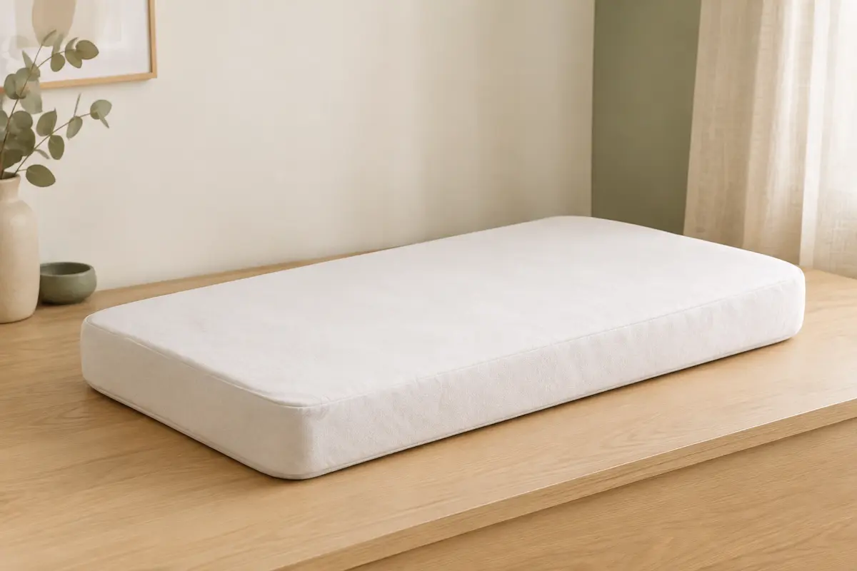 Matelas bébé blanc compact en mousse, avec housse amovible, présenté seul dans une chambre lumineuse
