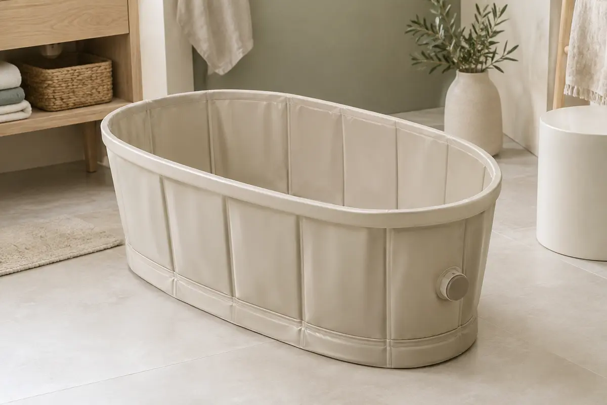 Baignoire bébé pliable beige en PVC, dépliée dans une salle de bains claire avec son bouchon latéral visible