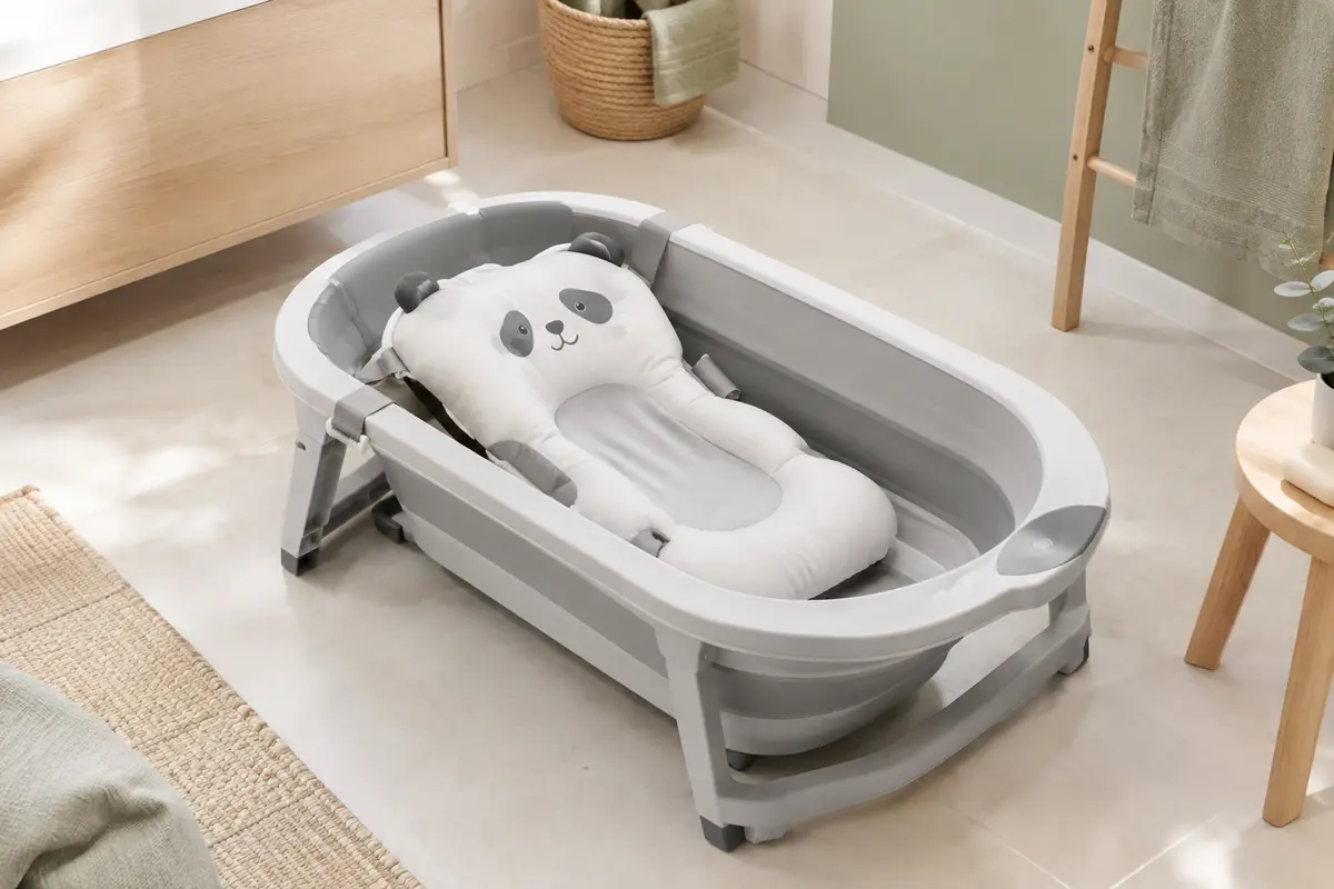 Baignoire bébé pliable grise ouverte avec son coussin réducteur amovible en forme de panda