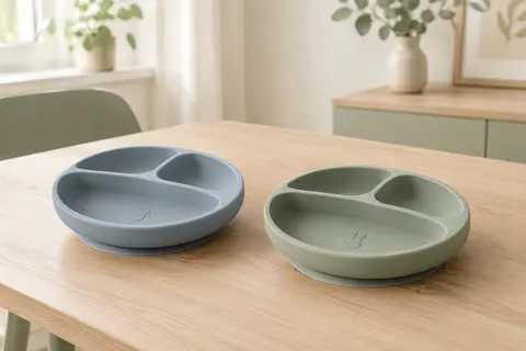 Deux assiettes bébé en silicone gris bleuté et gris vert avec compartiments et ventouses