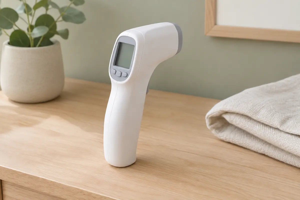 Thermomètre frontal infrarouge blanc posé sur une surface en bois clair dans un décor lumineux