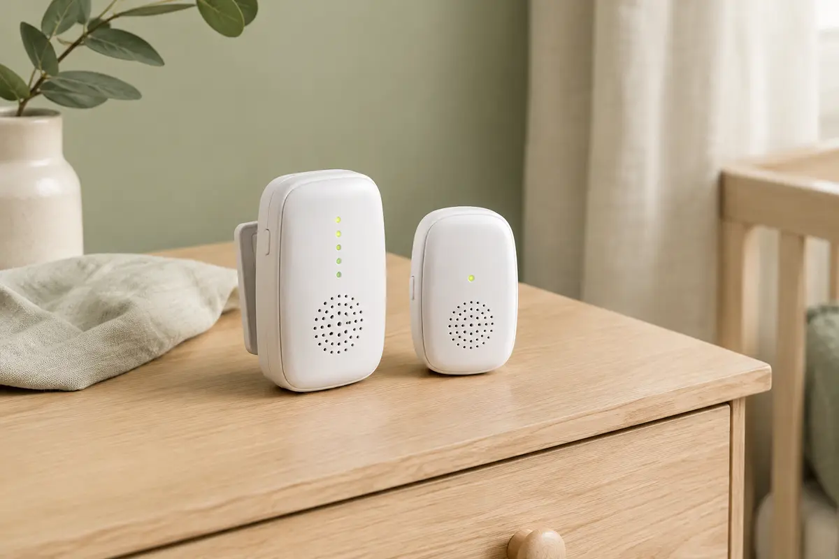 Deux unités blanches de babyphone audio avec voyants lumineux, posées sur une commode en bois clair