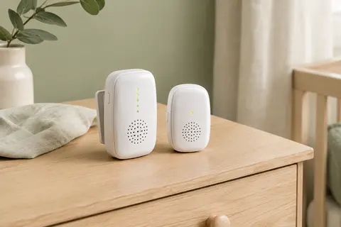Deux unités blanches de babyphone audio avec voyants lumineux, posées sur une commode en bois clair