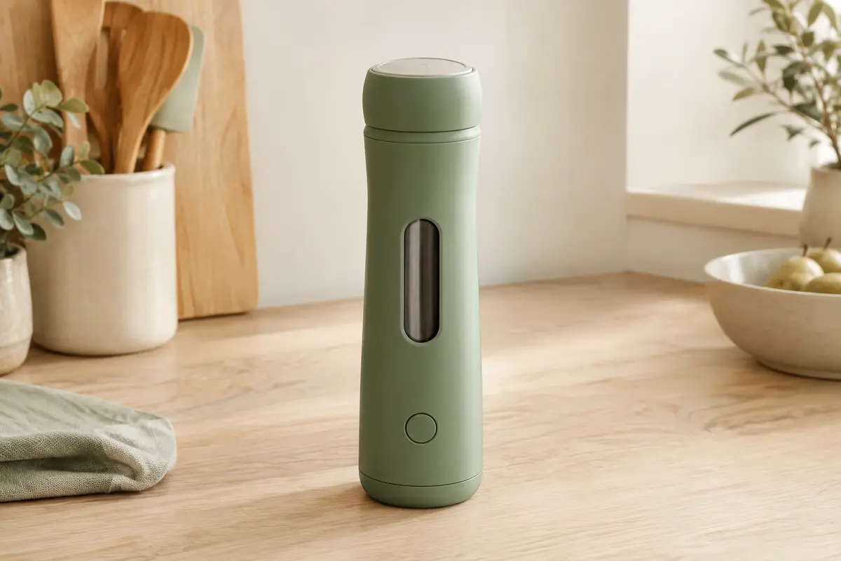 Chauffe-biberon portable Wemoh vert matcha posé sur une surface en bois clair, dans un décor lumineux et sobre.