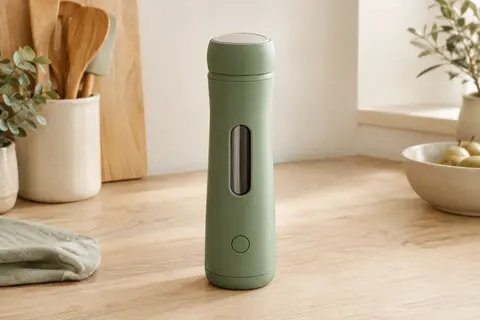 Chauffe-biberon portable Wemoh vert matcha posé sur une surface en bois clair, dans un décor lumineux et sobre.