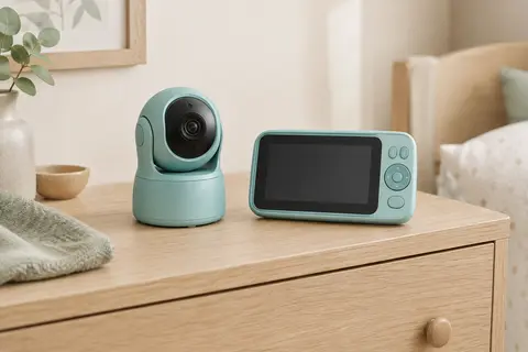 Babyphone avec caméra motorisée cyan et écran parent posés sur une commode en bois clair